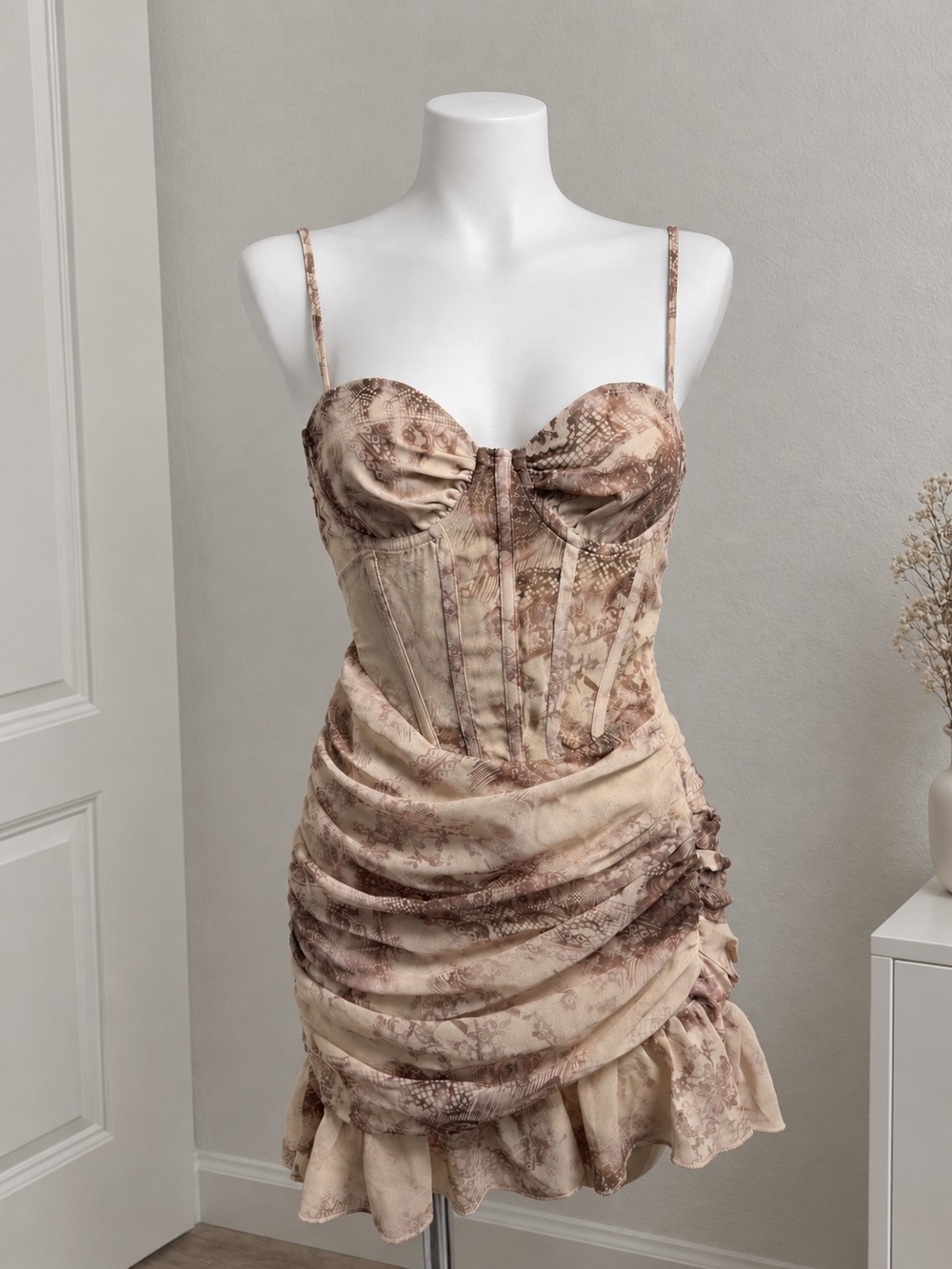 PrettyLittleThing Beige and Brown Printed Corset Mini Dress
